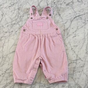 Vintage OshKosh Pink Striped Kids Overalls Train Conductor Sz 6/9 Mo
